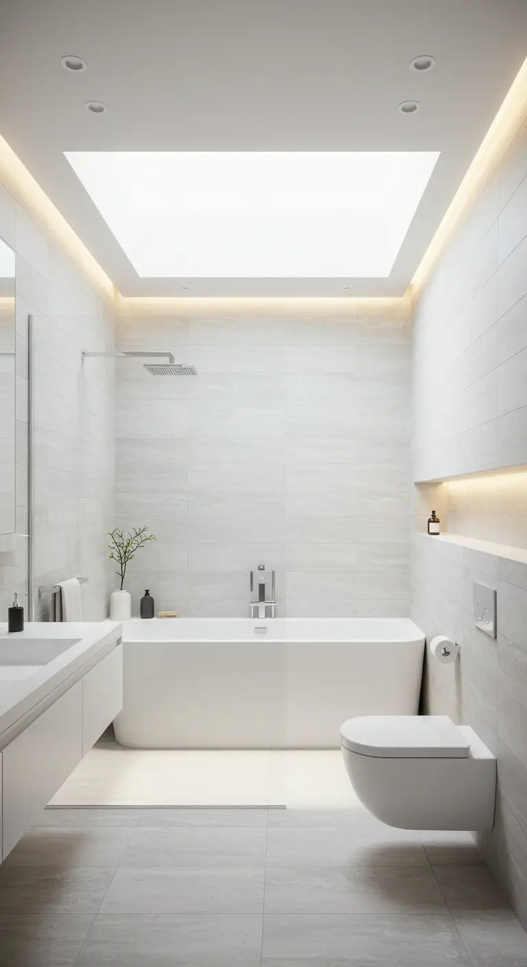 Bright white bathroom with a skylight and warm perimeter cove lighting washing down tiled walls.