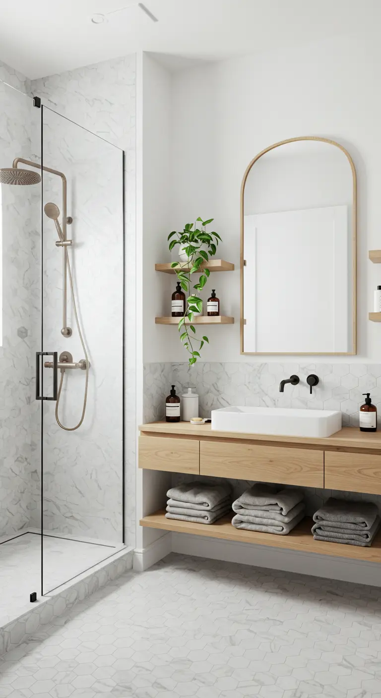 A bright bathroom with a light wood vanity, arched mirror, and white hexagon floor tiles.