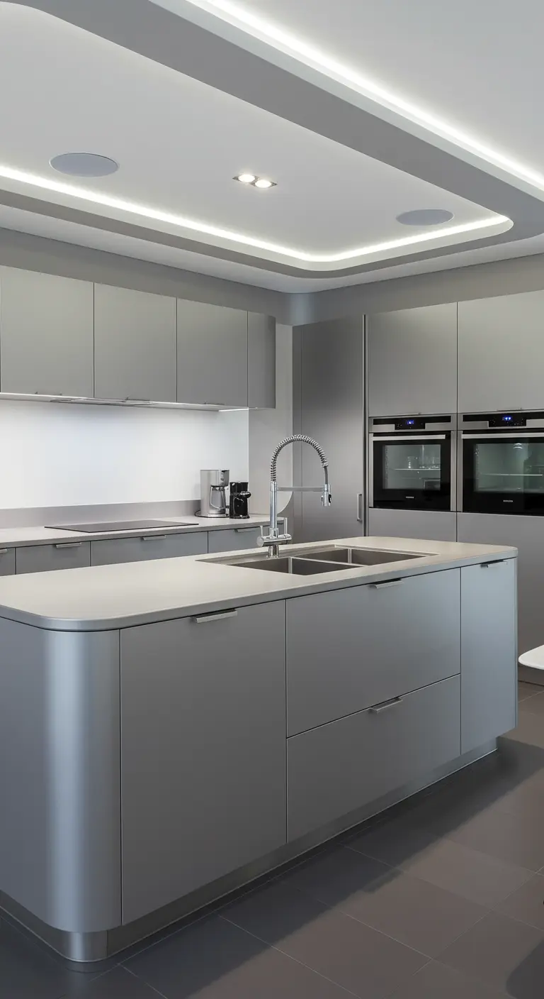 A modern grey kitchen featuring cabinets with softly rounded corners and integrated ceiling cove lighting.