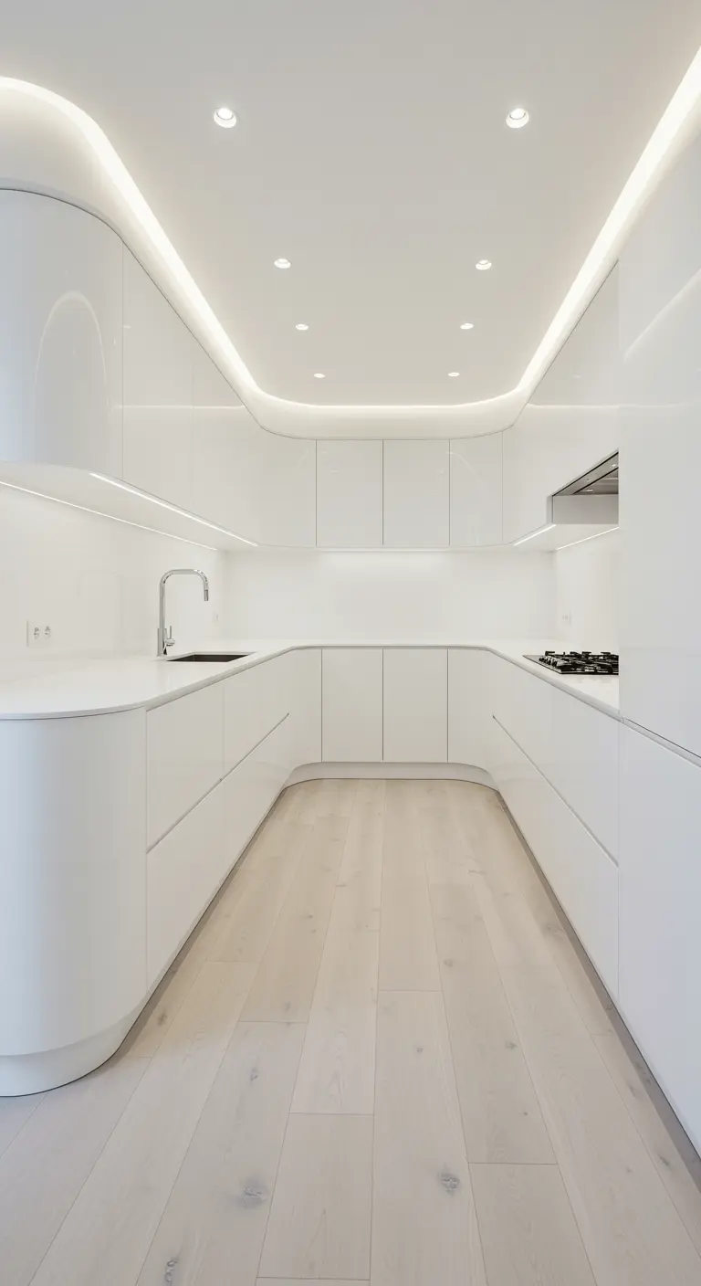A futuristic all-white kitchen with curved cabinets and integrated cove lighting.
