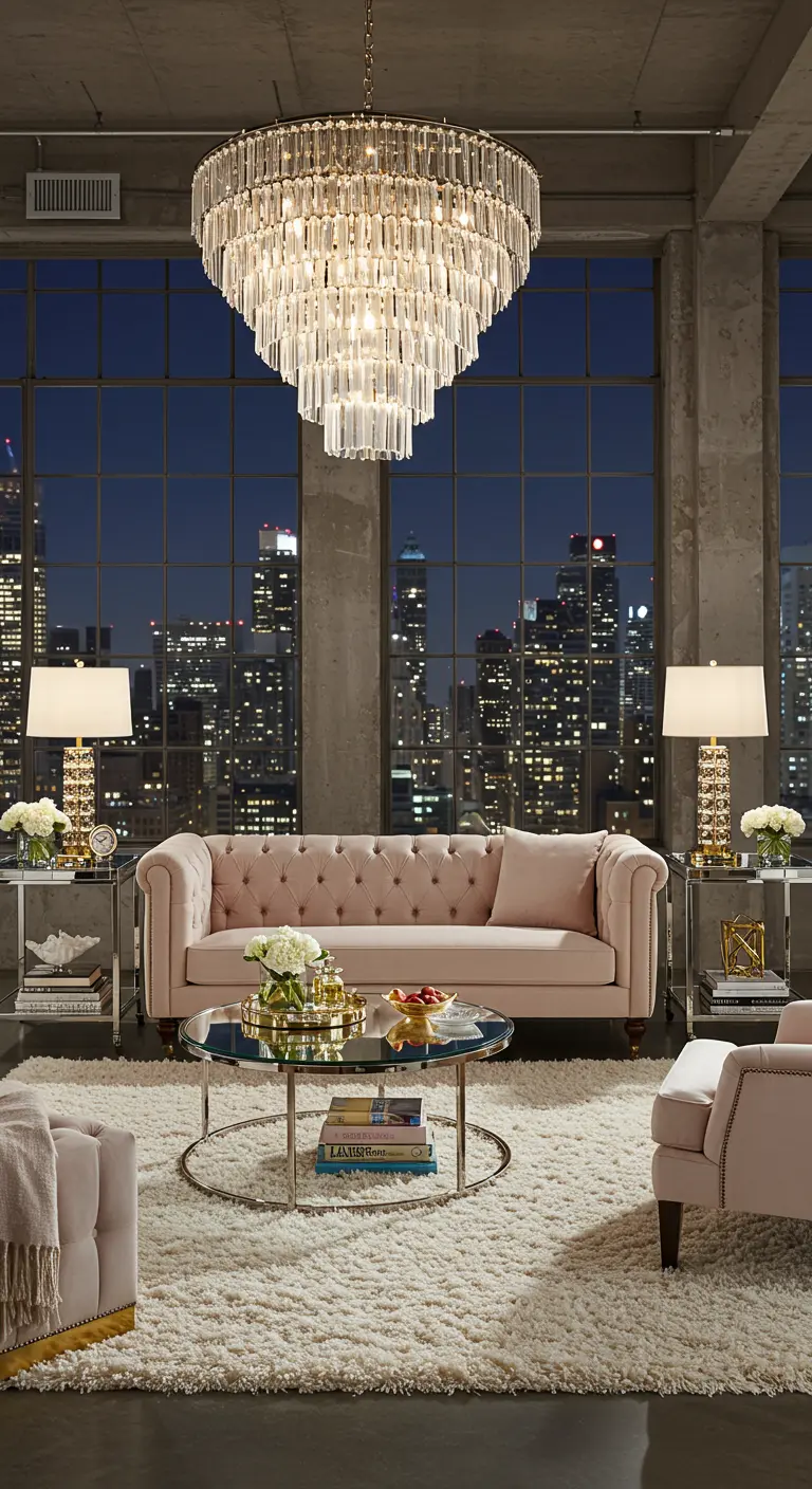 A glamorous loft with a blush pink tufted sofa, crystal chandelier, and a white shag rug.