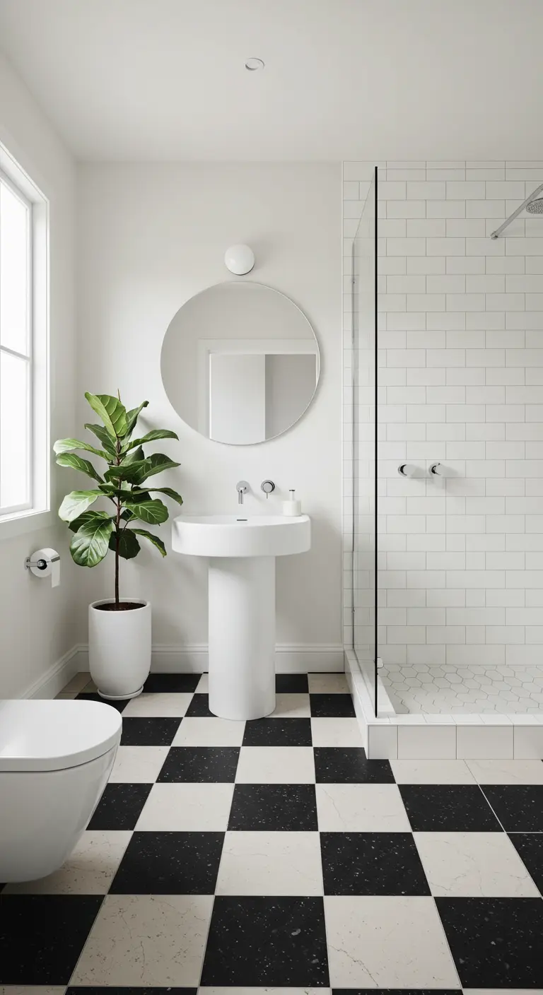 Minimalist bathroom with a round mirror, modern pedestal sink, and a large potted plant.