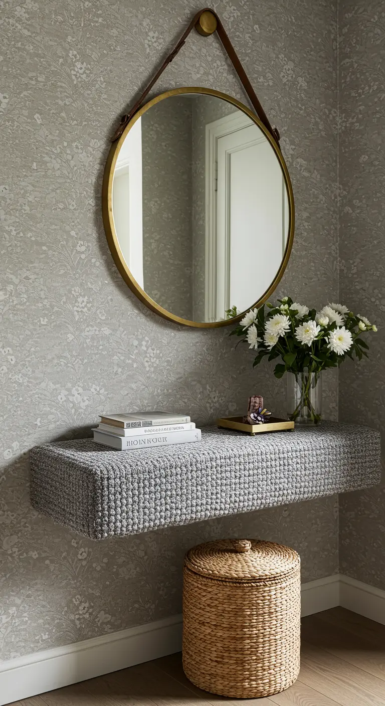A fabric-upholstered floating console below a round mirror with a leather hanging strap.