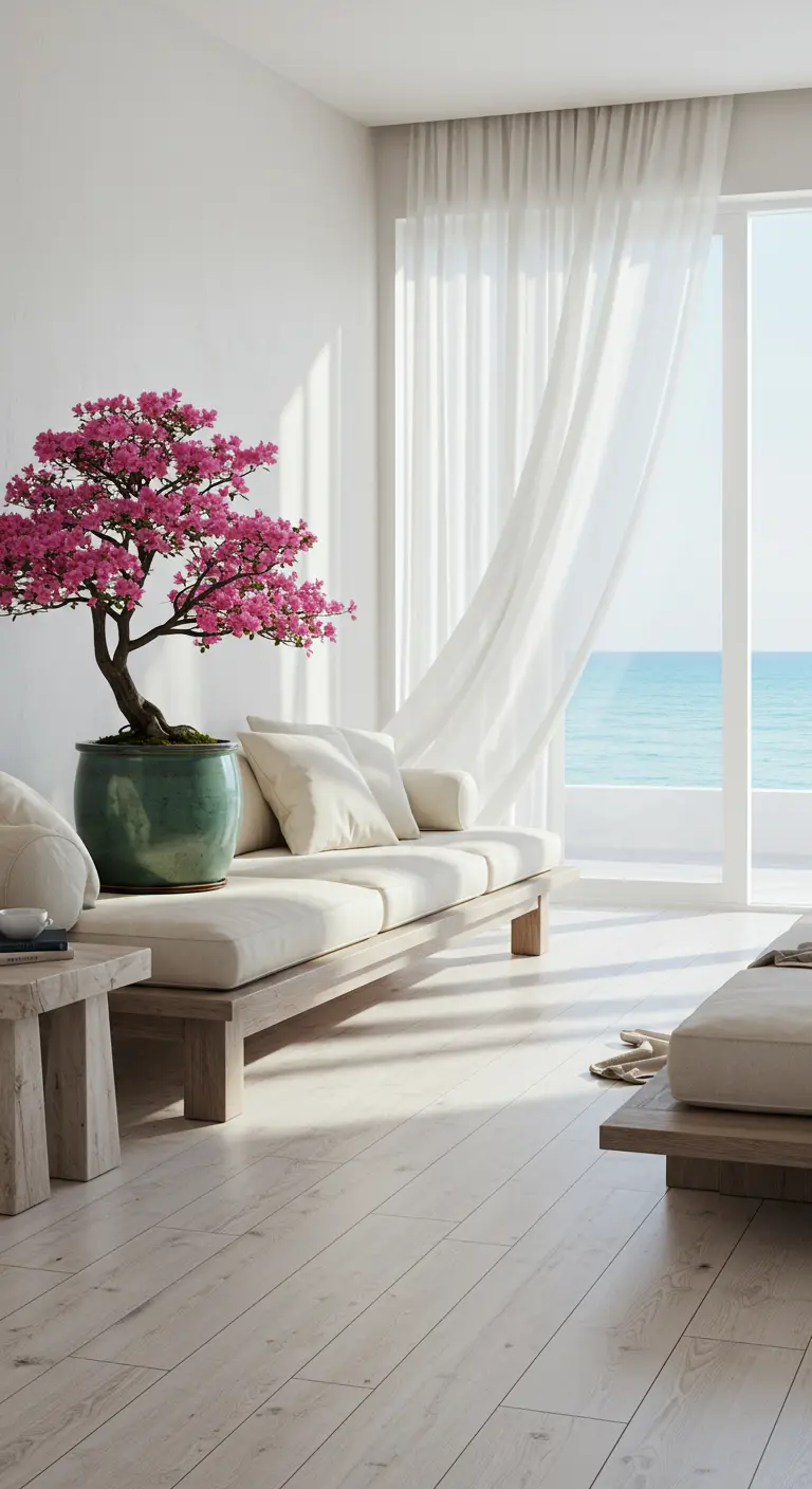 Airy white living room with sheer curtains and a pink flowering bonsai overlooking the ocean.