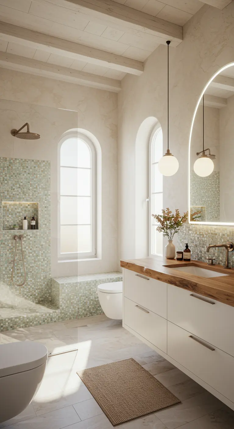 Bright, airy bathroom with arched windows, a mosaic tile shower, and a live-edge wood vanity.