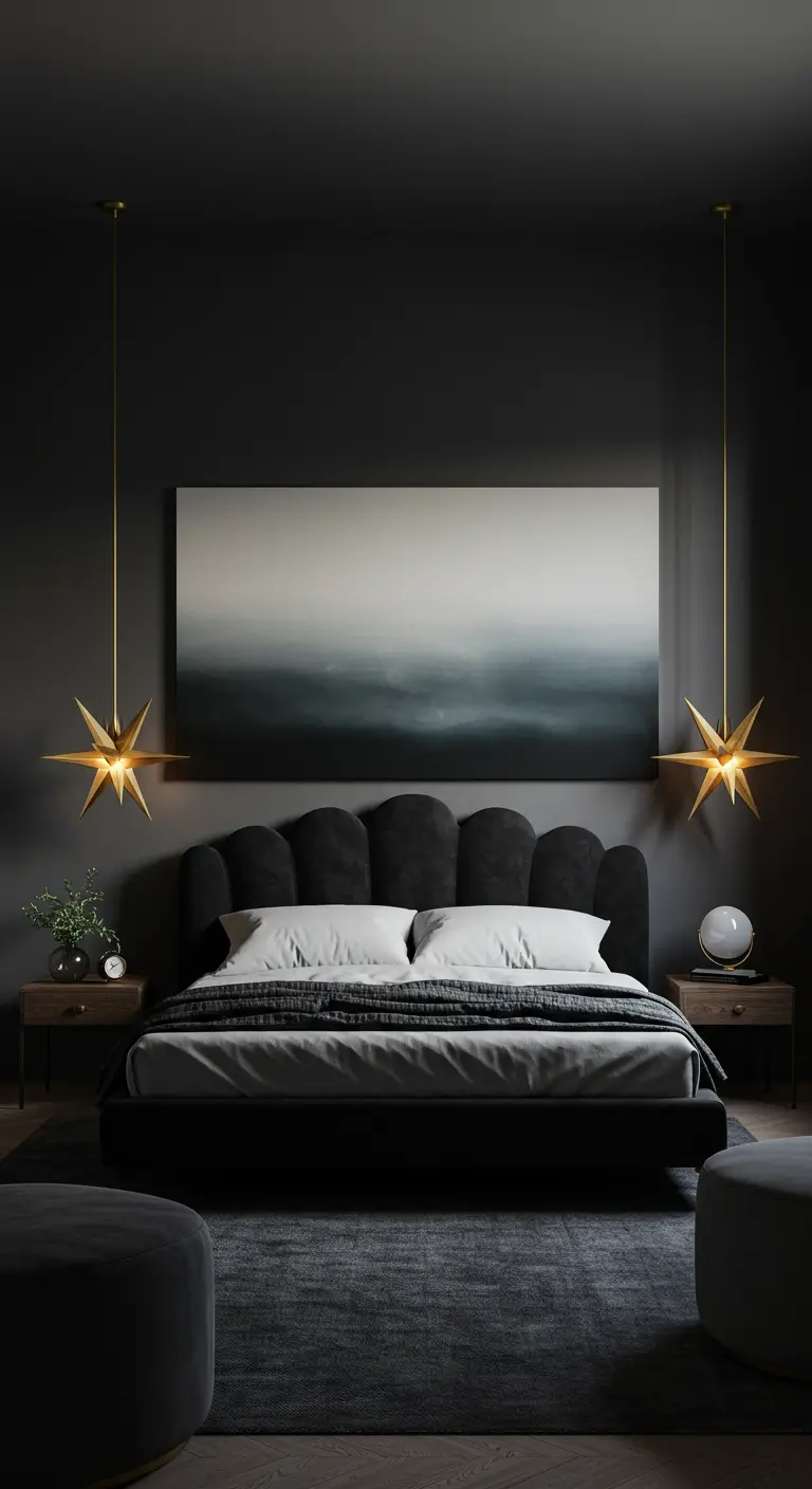 Dark bedroom with a scalloped velvet headboard and star-shaped pendant lights.