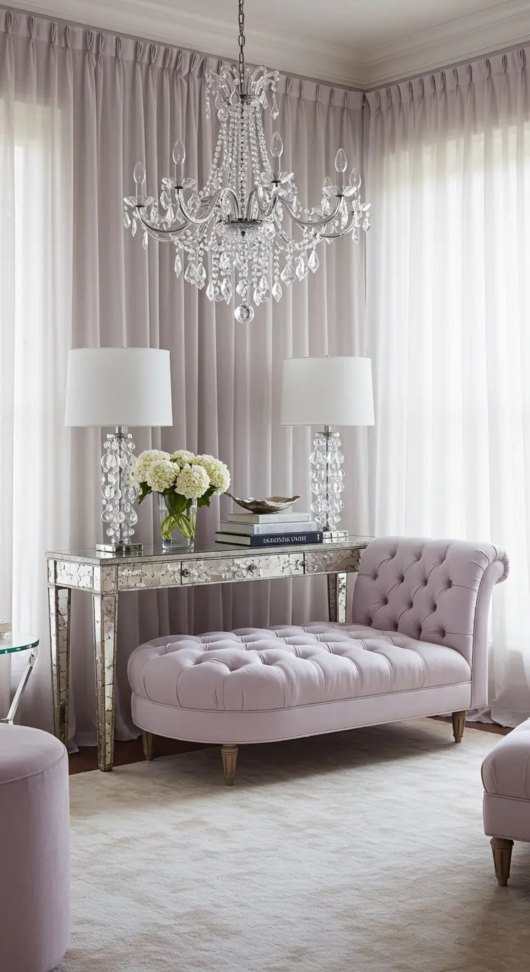 A tufted lavender chaise lounge in front of a mirrored console table and crystal lamps.