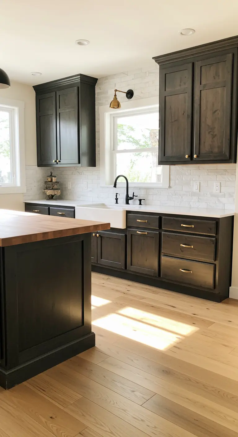 Modern farmhouse kitchen with stained ebony cabinets, whitewashed brick, and a butcher block island.