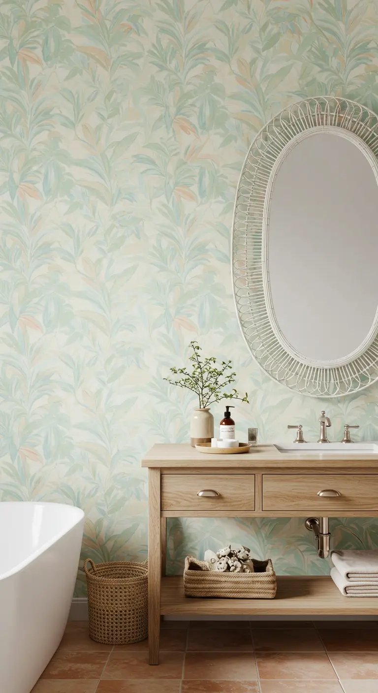 Bathroom with a pastel-toned botanical wallpaper and a light oak vanity.