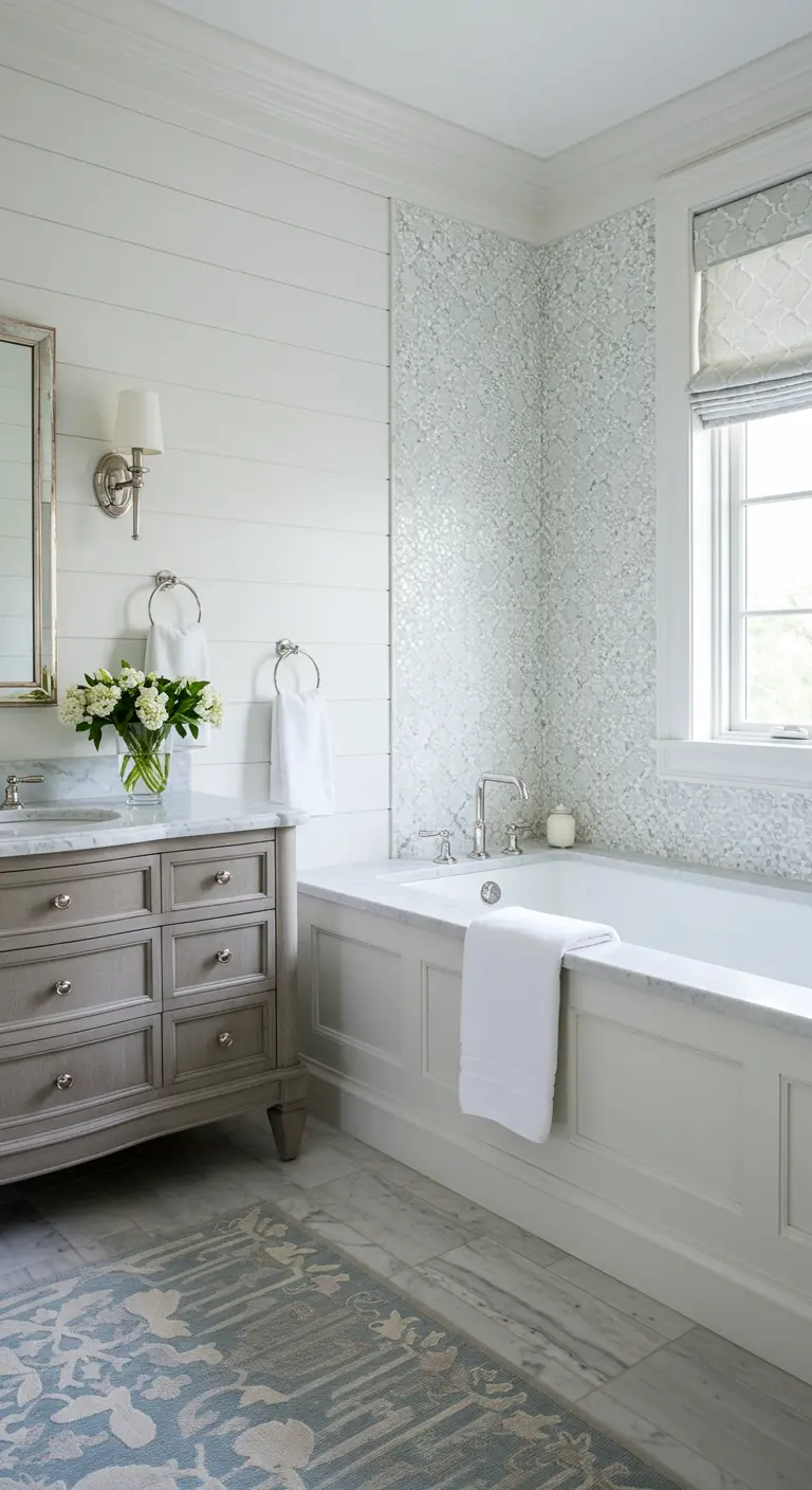 Elegant bathroom with a greige vanity, iridescent tile, and a Roman shade.