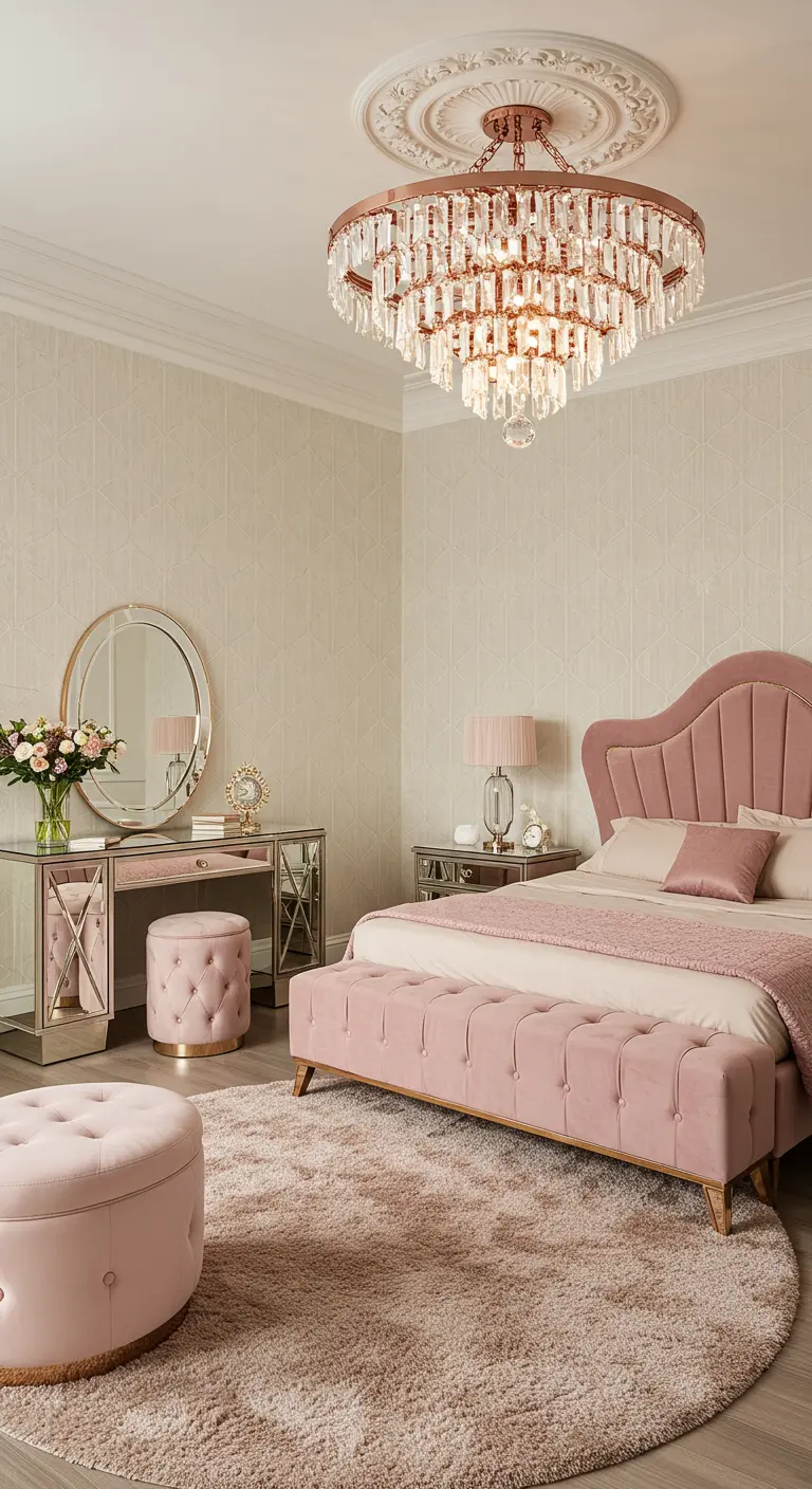 Feminine Art Deco bedroom in blush pink with a mirrored vanity and a crystal chandelier.
