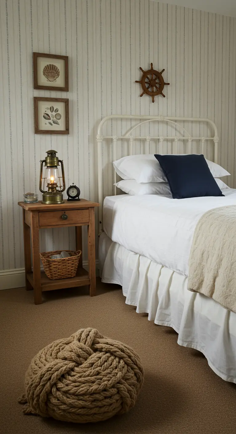 Cozy bedroom with subtle pinstripe wallpaper, a brass lantern on the nightstand, and a rope knot pouf.
