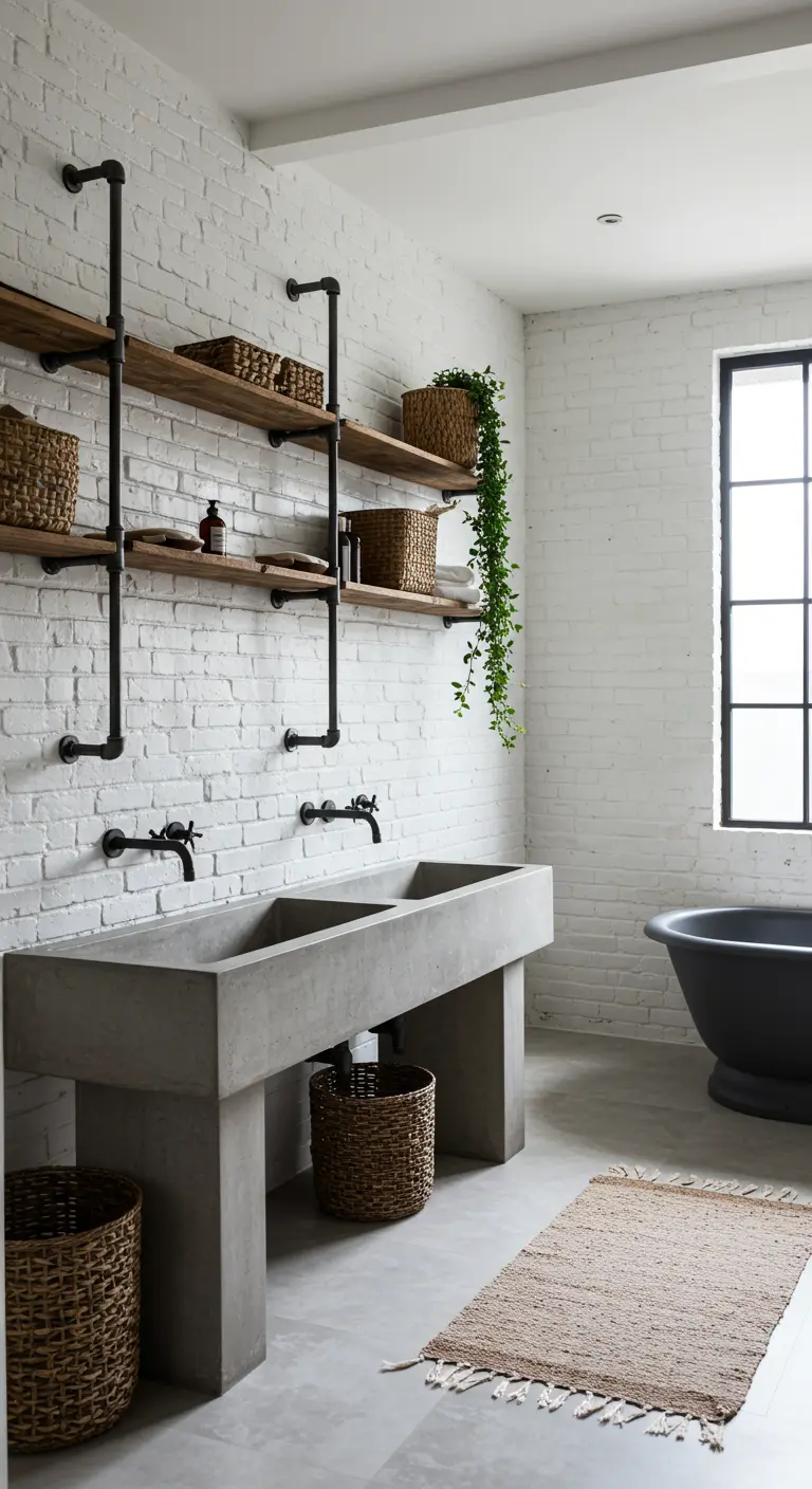 A bright bathroom with whitewashed brick, a concrete trough sink, and woven baskets for storage.