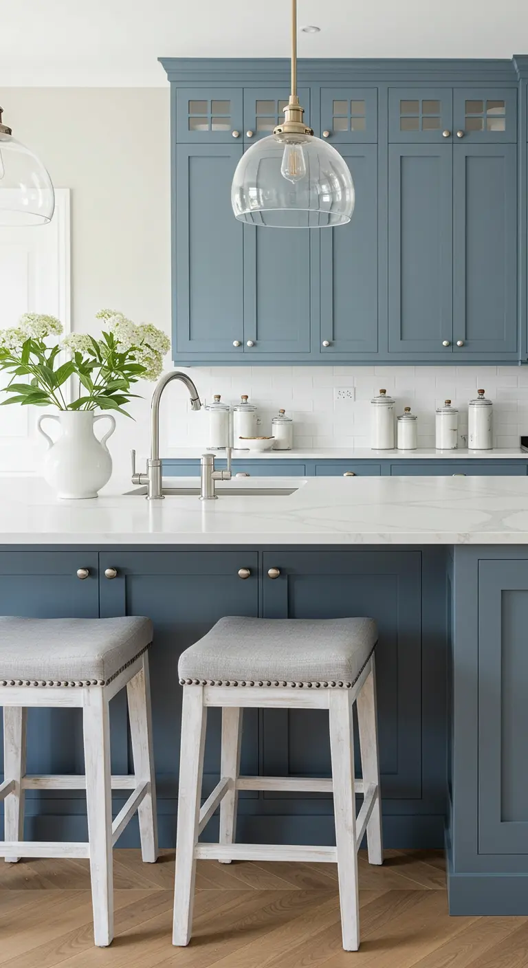 Kitchen with dusty blue-gray cabinets, a white quartz island, and nailhead trim stools.