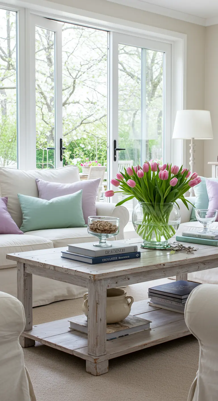 A white slipcovered sofa decorated with pastel purple and green pillows, with pink tulips on the table.