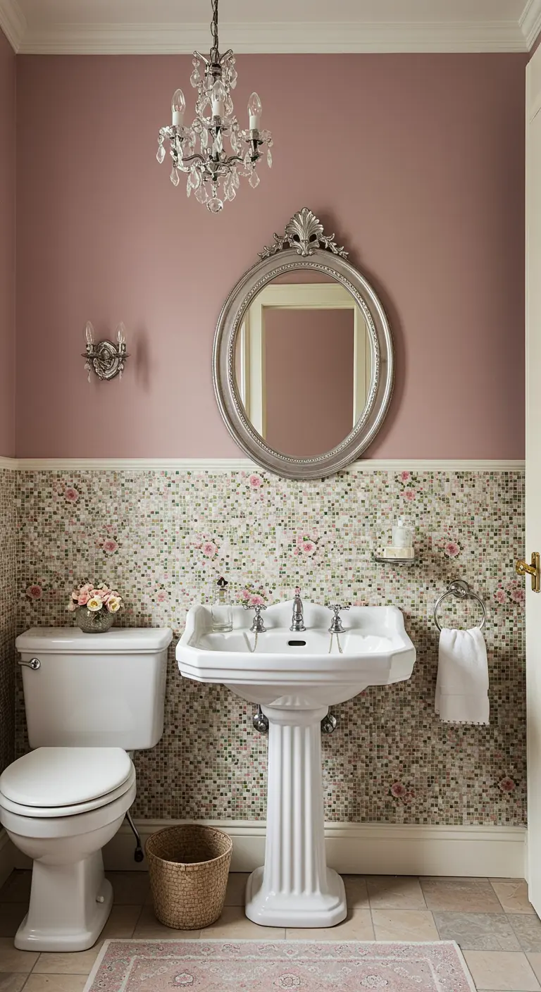 Romantic bathroom with dusty rose walls and floral mosaic tiles.