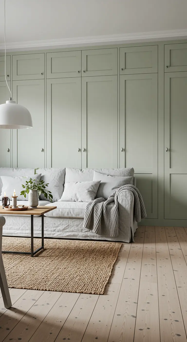 A serene living room with a wall of custom cabinets painted in a soft sage green.