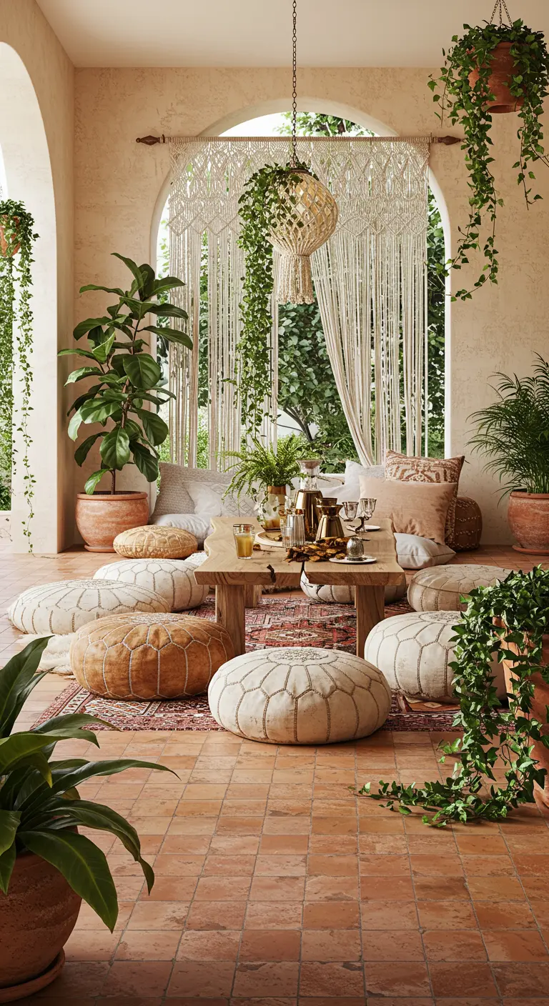 Bohemian-style dining area with floor cushions, macrame, and lots of plants.