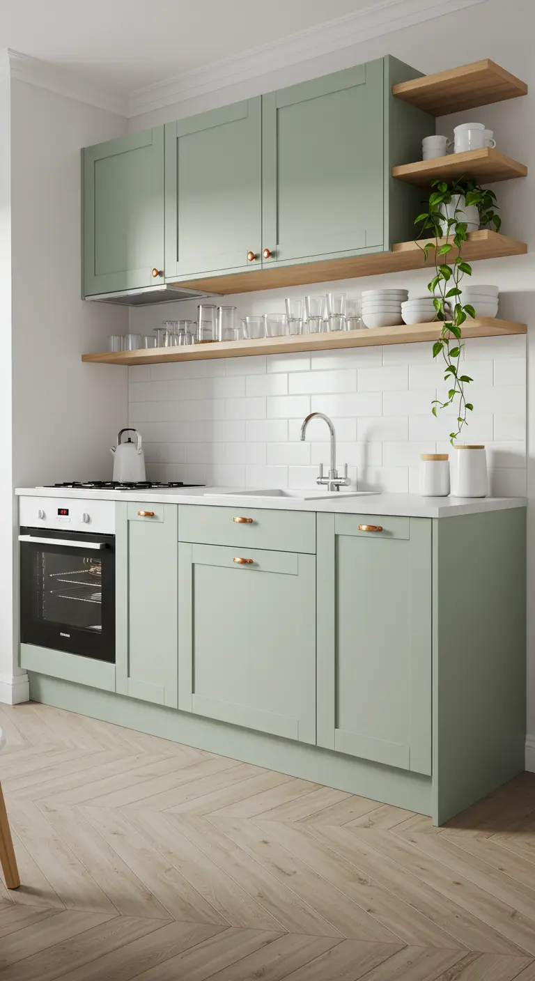 A small kitchen with sage green cabinets, light wood open shelves, and copper hardware.