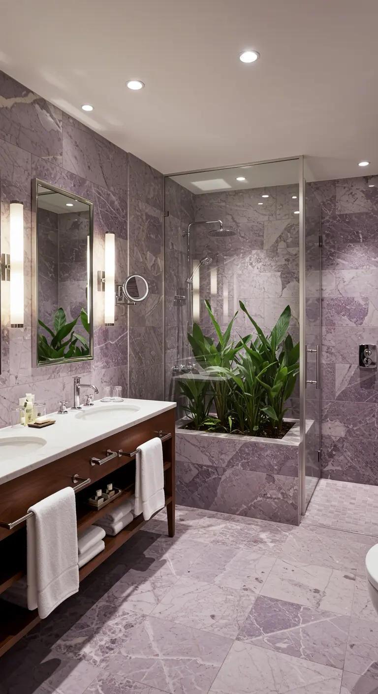 Bathroom with lilac marble walls and a built-in shower planter with tall green plants.