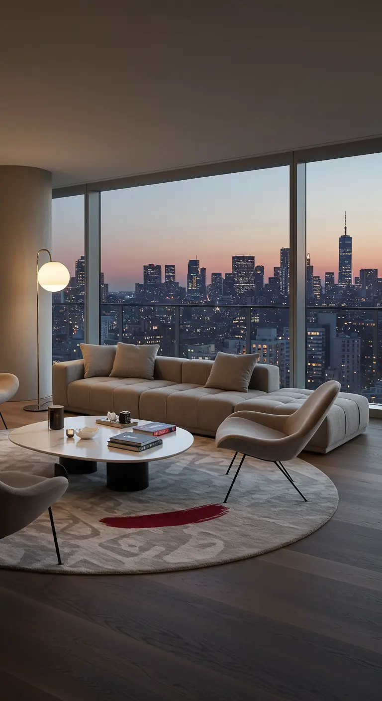 Modern apartment with city view, curved sofa, and a round rug with a red abstract detail.