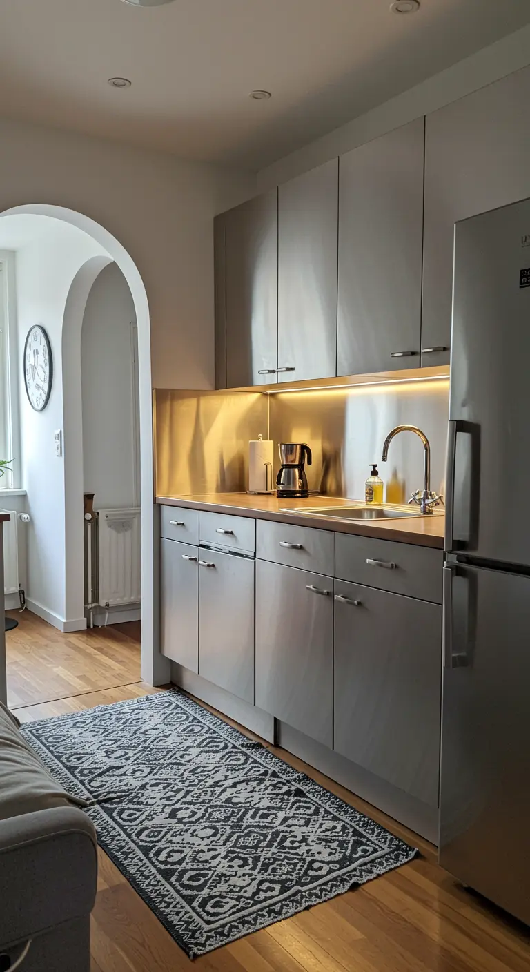 A stainless steel kitchen viewed through a white arched doorway.
