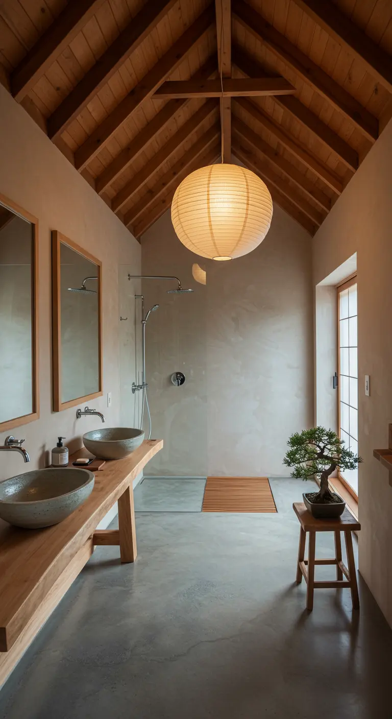 Japandi bathroom with a vaulted wood ceiling and a large paper lantern.