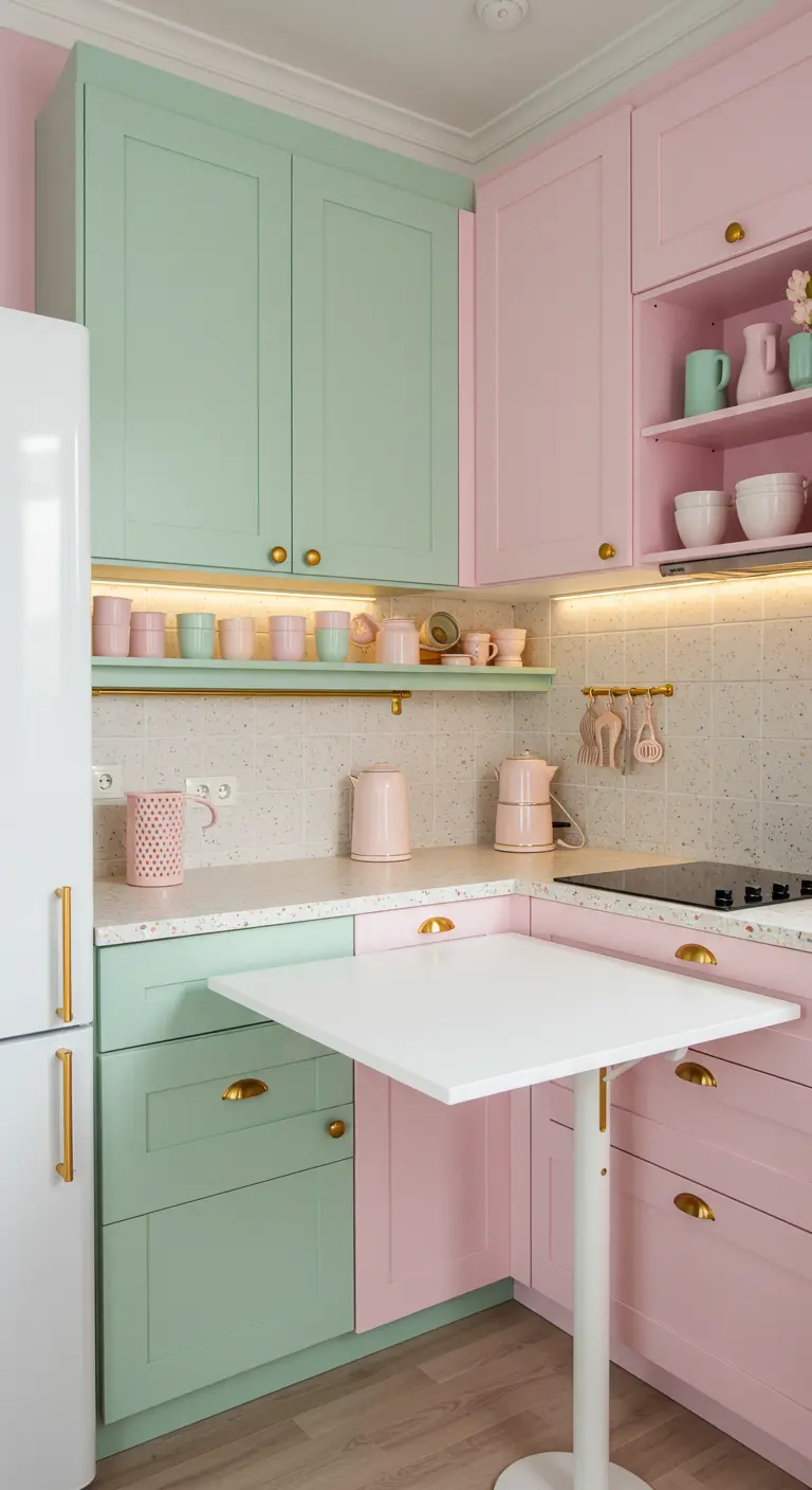 Kitchen with mint green and pale pink cabinets and a white fold-down dining table.
