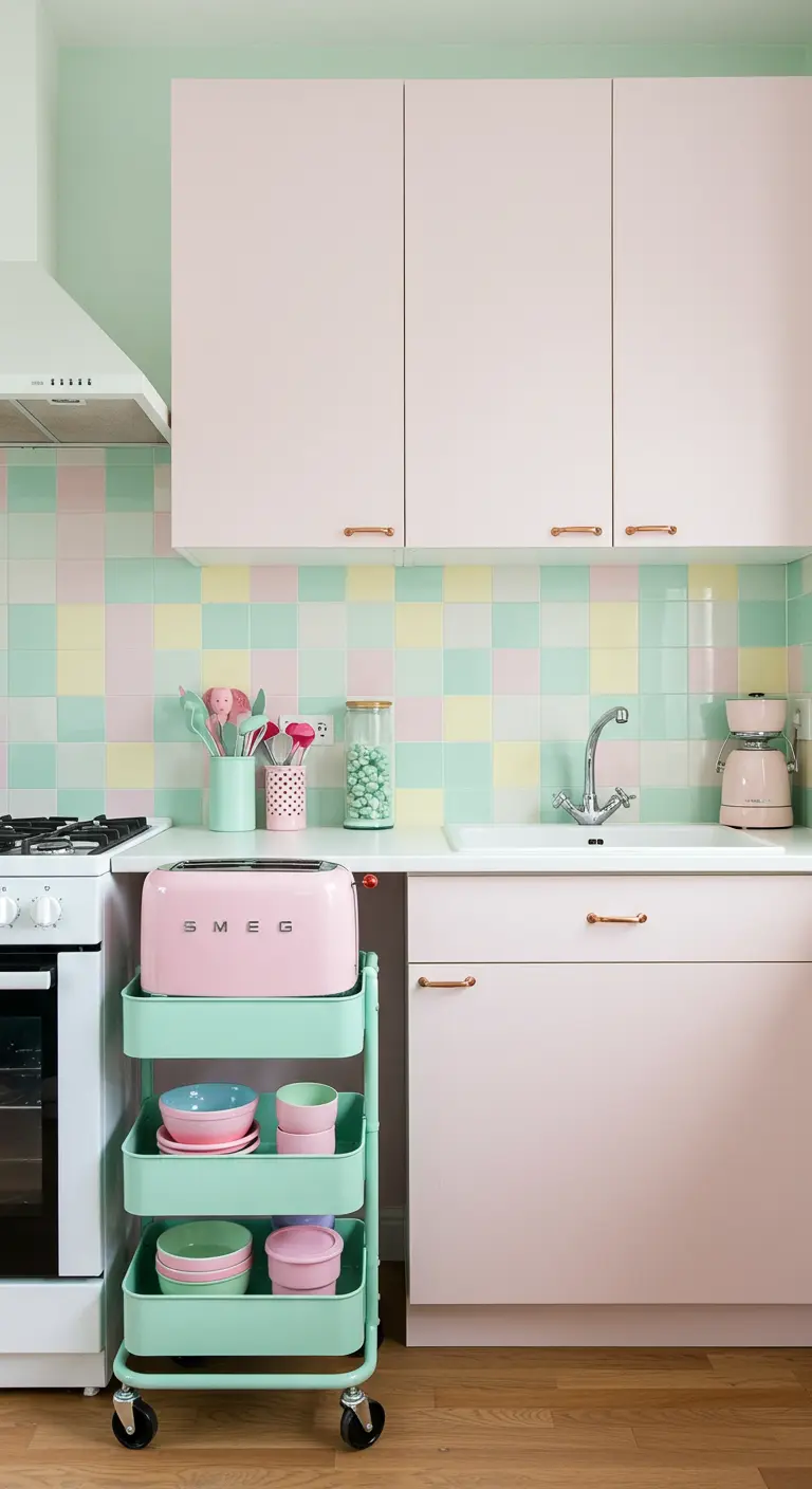 A pastel kitchen with pink cabinets, a multi-color pastel tile backsplash, and a mint cart.