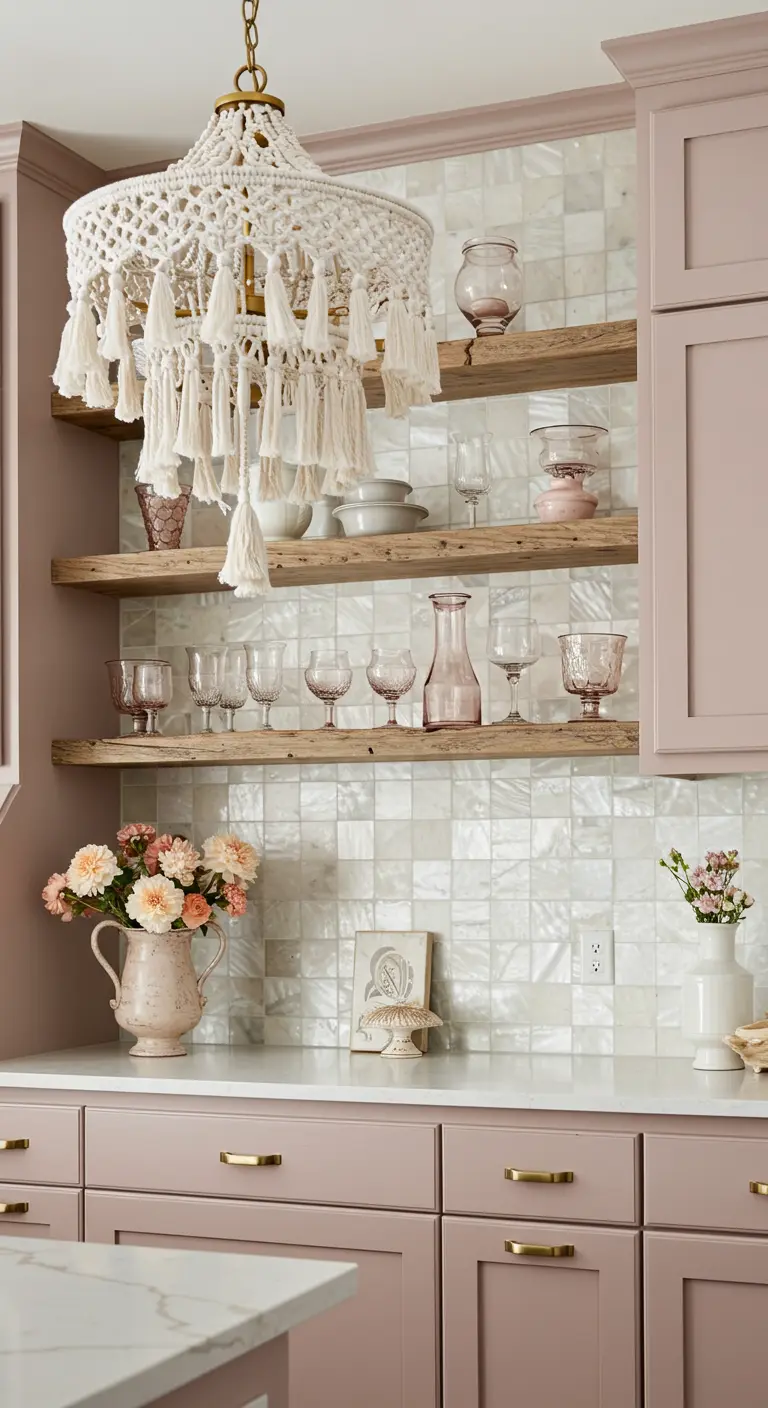 A white macrame chandelier hangs in a kitchen with dusty rose cabinets and a pearl tile backsplash.