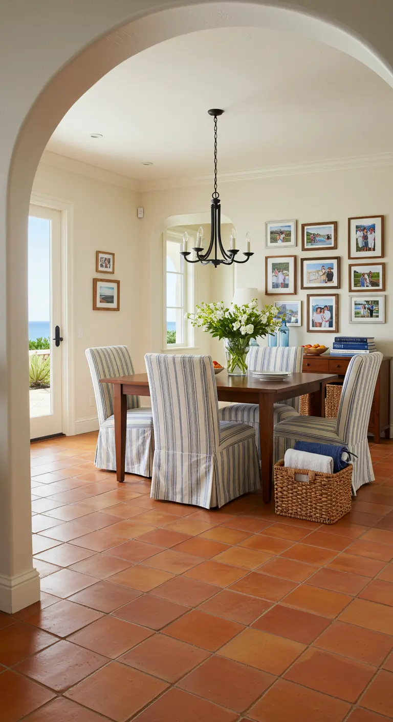 Dining room with striped slipcovered chairs and a gallery wall of family photos.