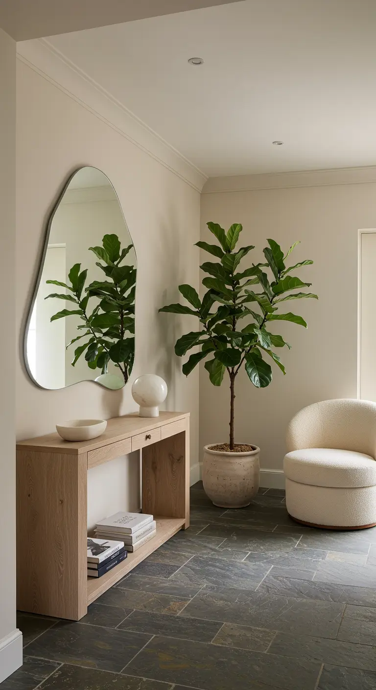 Entryway with a wooden console table, an organic-shaped mirror, and a large fiddle-leaf fig plant.