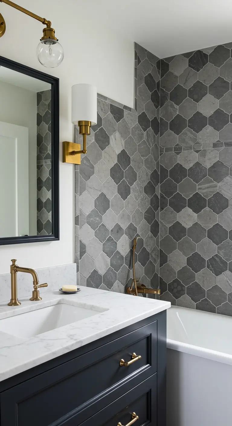 Shower with variegated gray arabesque tile and warm brass fixtures.