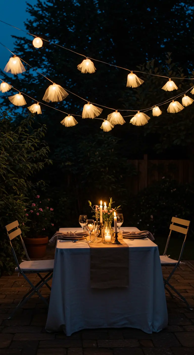 String lights with small, ghost-like tulle shades for a romantic dinner.