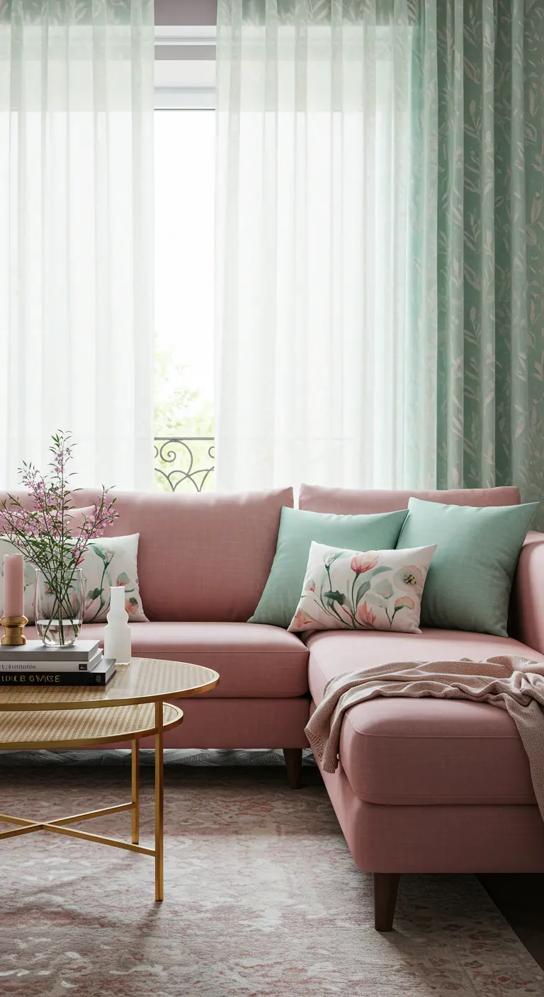 Living room with a dusty rose sectional sofa, mint green pillows, and sheer curtains.
