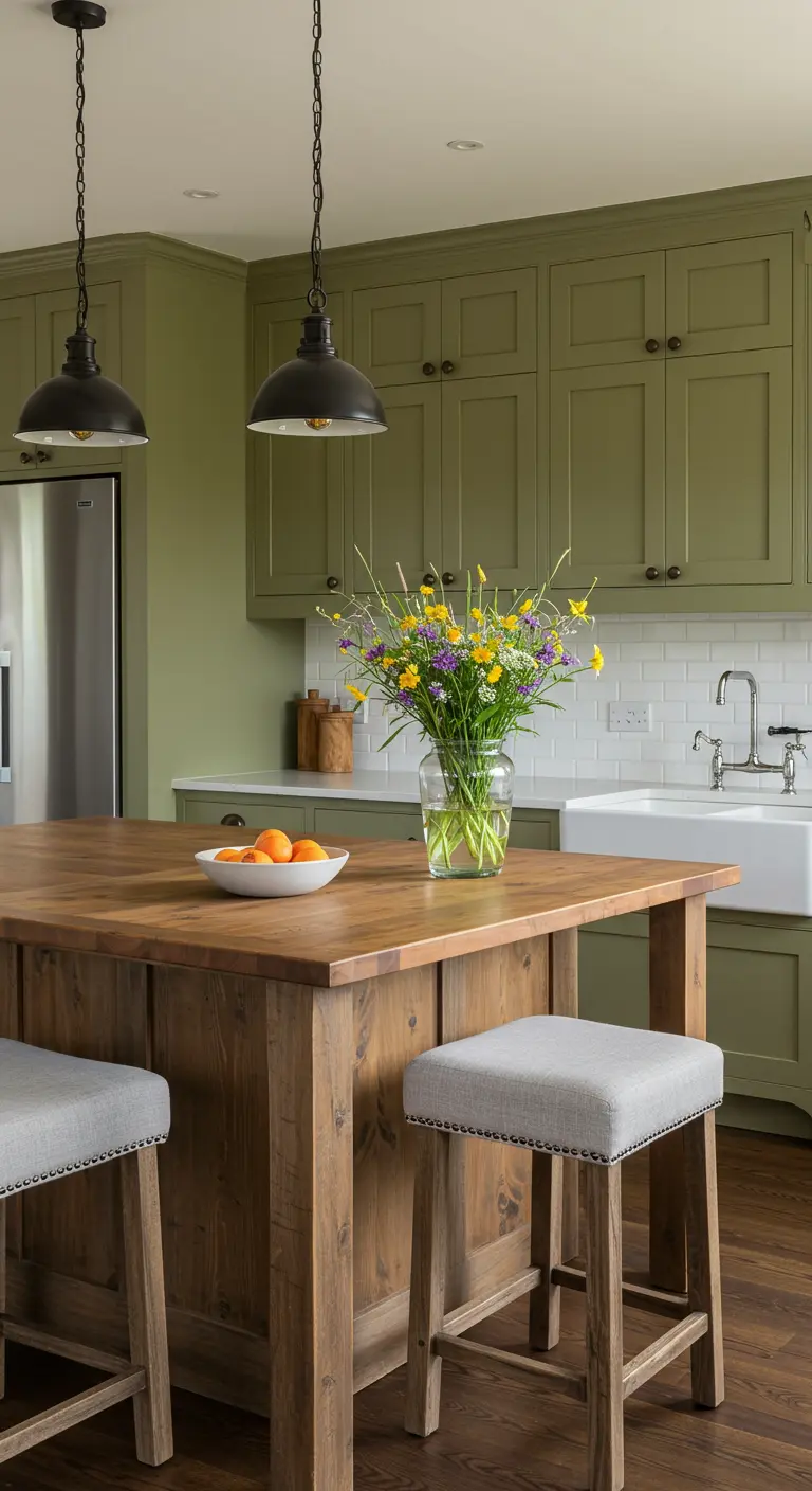 Kitchen with olive green cabinets, wood island, and gray upholstered bar stools.