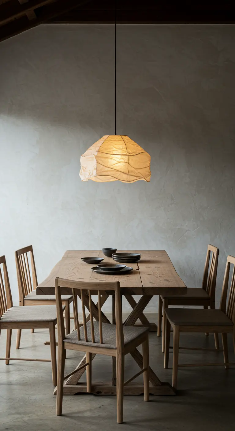 A simple dining room with a live-edge table under a large, crinkled paper pendant light.