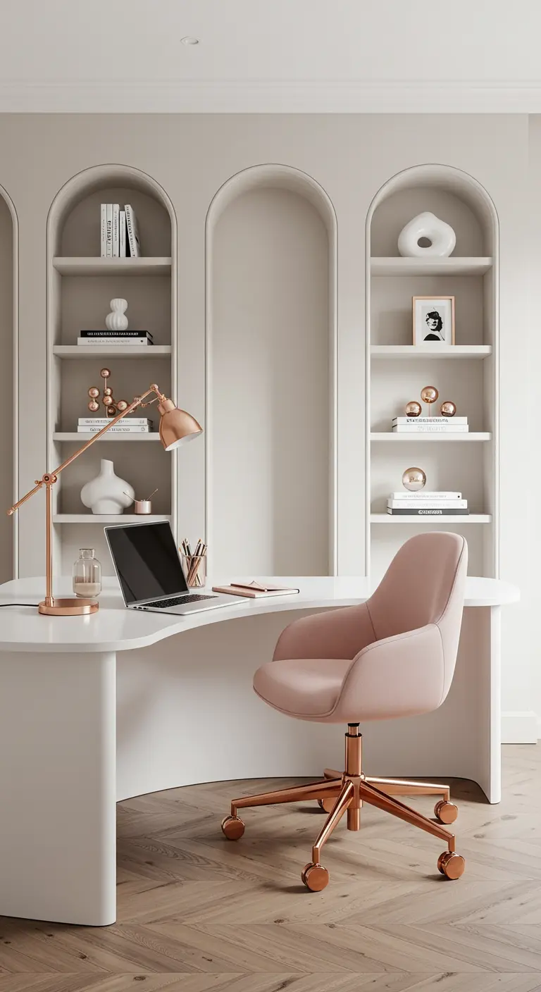 Home office with arched shelving, a curved desk, and a pink and rose gold swivel chair.