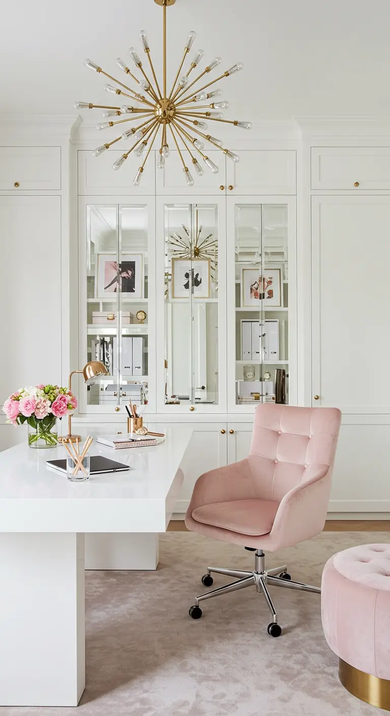 Chic home office with a white desk, pink velvet chair, and a gold sputnik crystal chandelier.