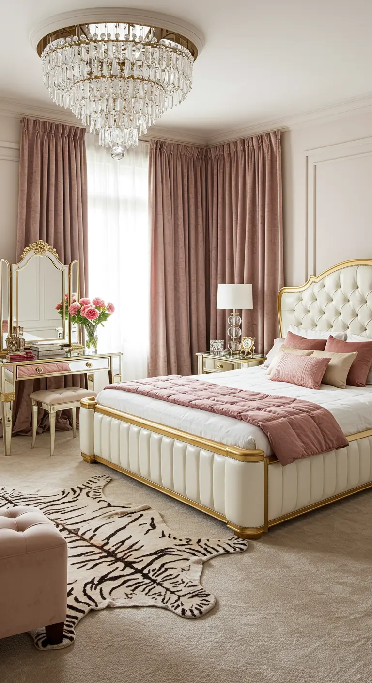 Blush and white bedroom with a gold-trimmed bed and a tiger-stripe rug.
