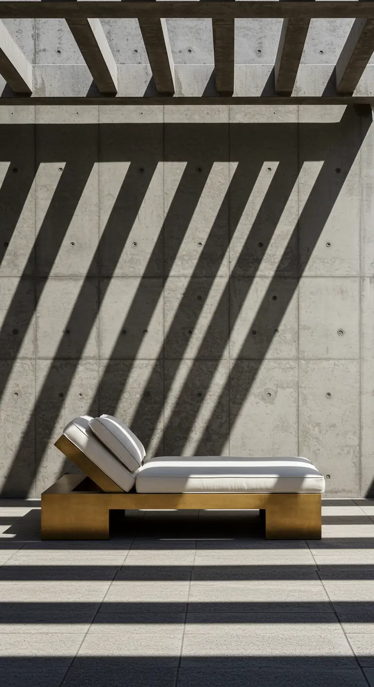 A minimalist white and gold chaise against a concrete wall with strong shadows.