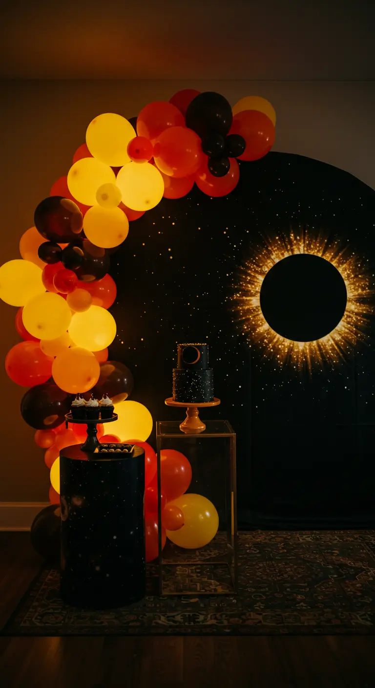 A dramatic solar eclipse backdrop framed by a fiery orange and yellow balloon arch.