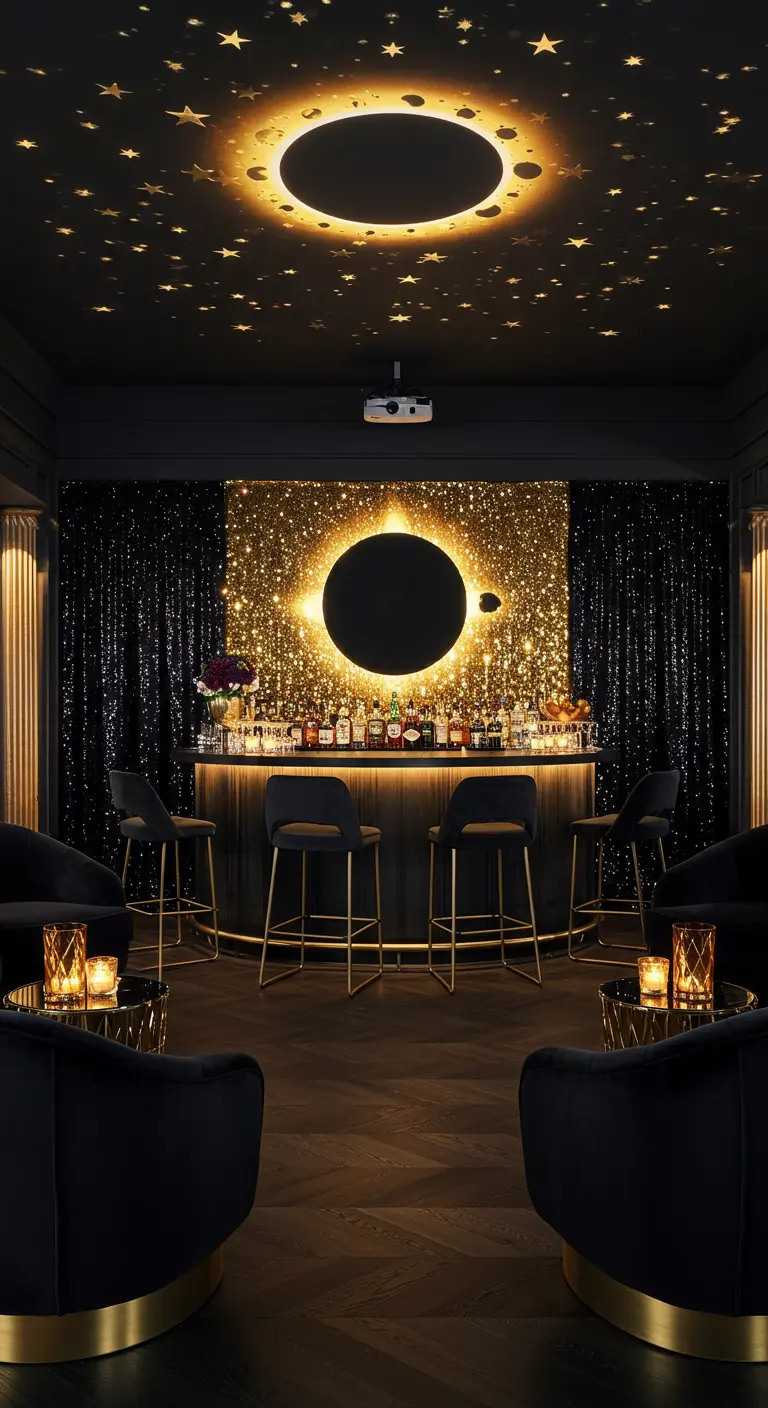 Glamorous bar with a solar eclipse light feature, gold accents, and a star projector.