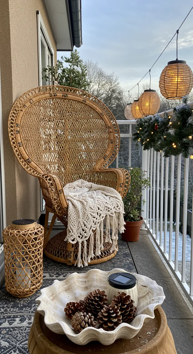 Balcony with a wicker peacock chair, macrame throw, and solar-powered lanterns.