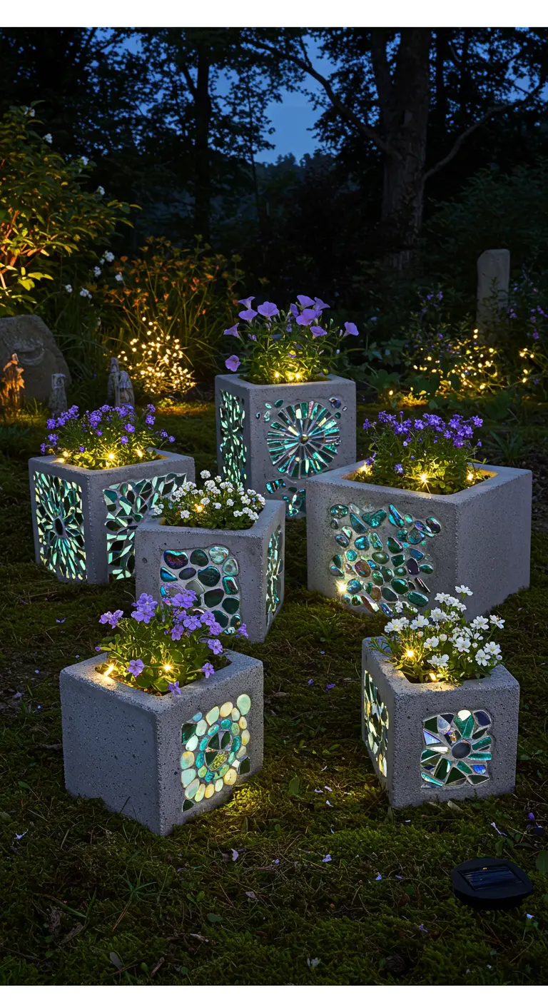 A group of concrete planters with sea glass mosaic cutouts, illuminated from within at night.