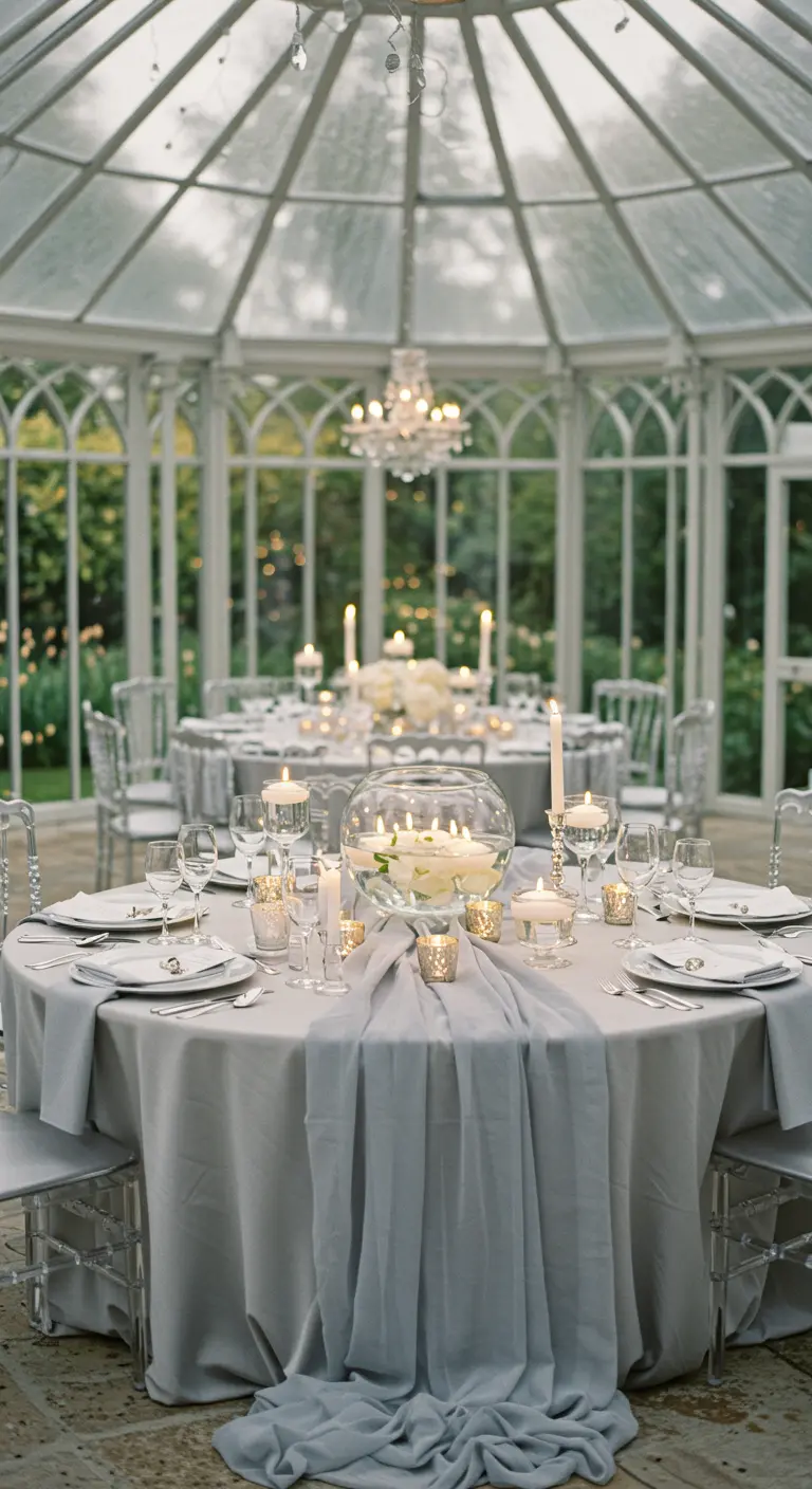 Elegant round table in a conservatory with a grey runner, a large bowl of floating candles, and roses.