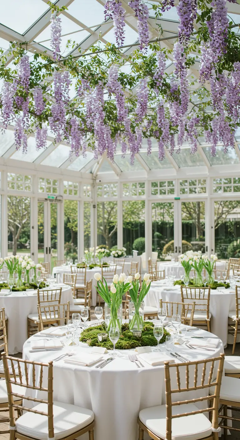 Sun-filled conservatory with hanging wisteria and round tables set for a party.