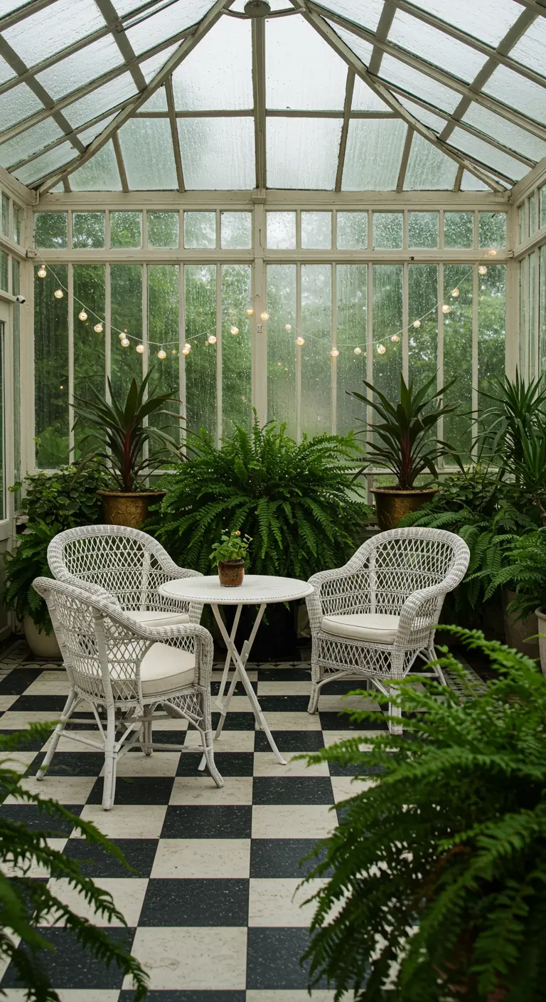 A white wicker bistro set on a checkerboard floor in a sunroom filled with ferns.