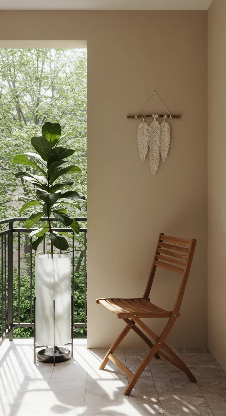 A single teak folding chair next to a Fiddle Leaf Fig in a frosted planter.