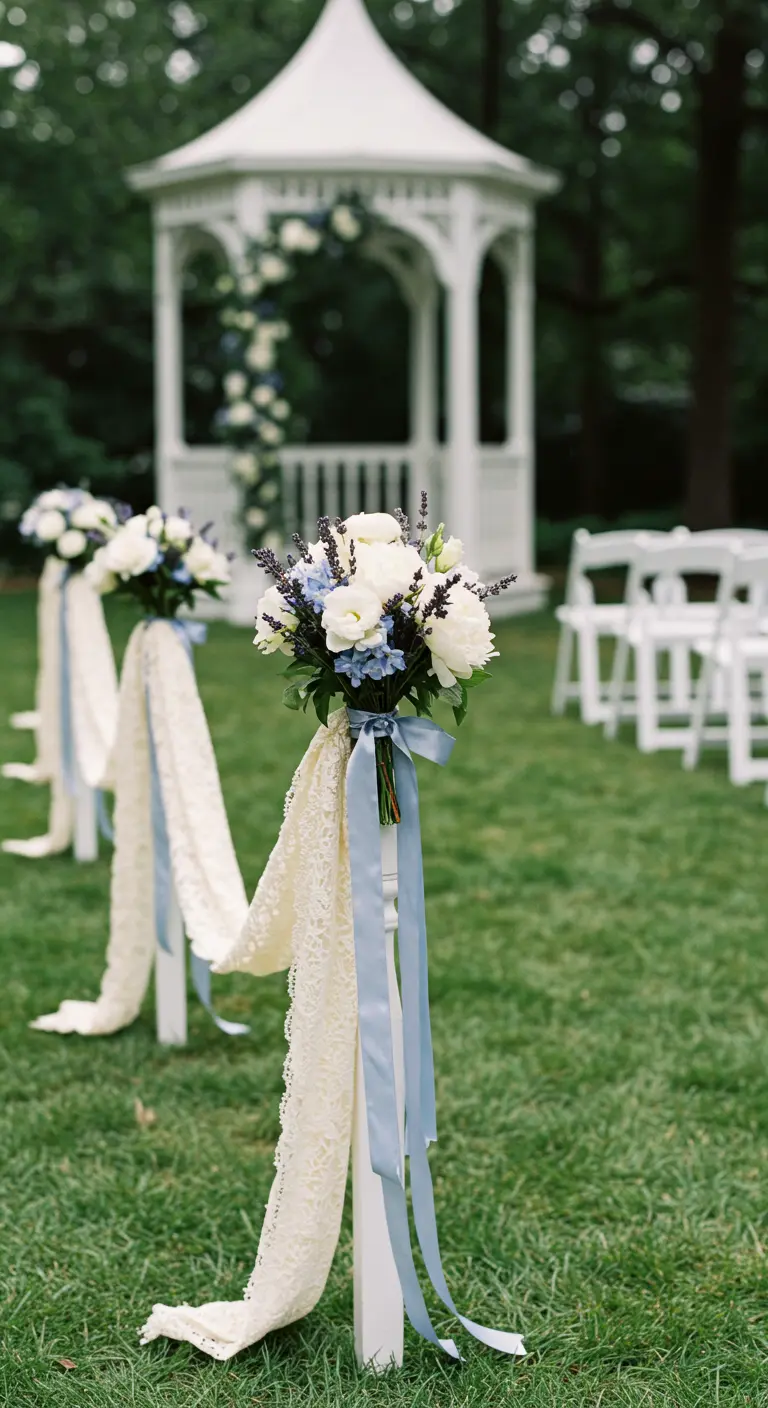 White post with white and blue flowers, tied with lace and blue ribbon.